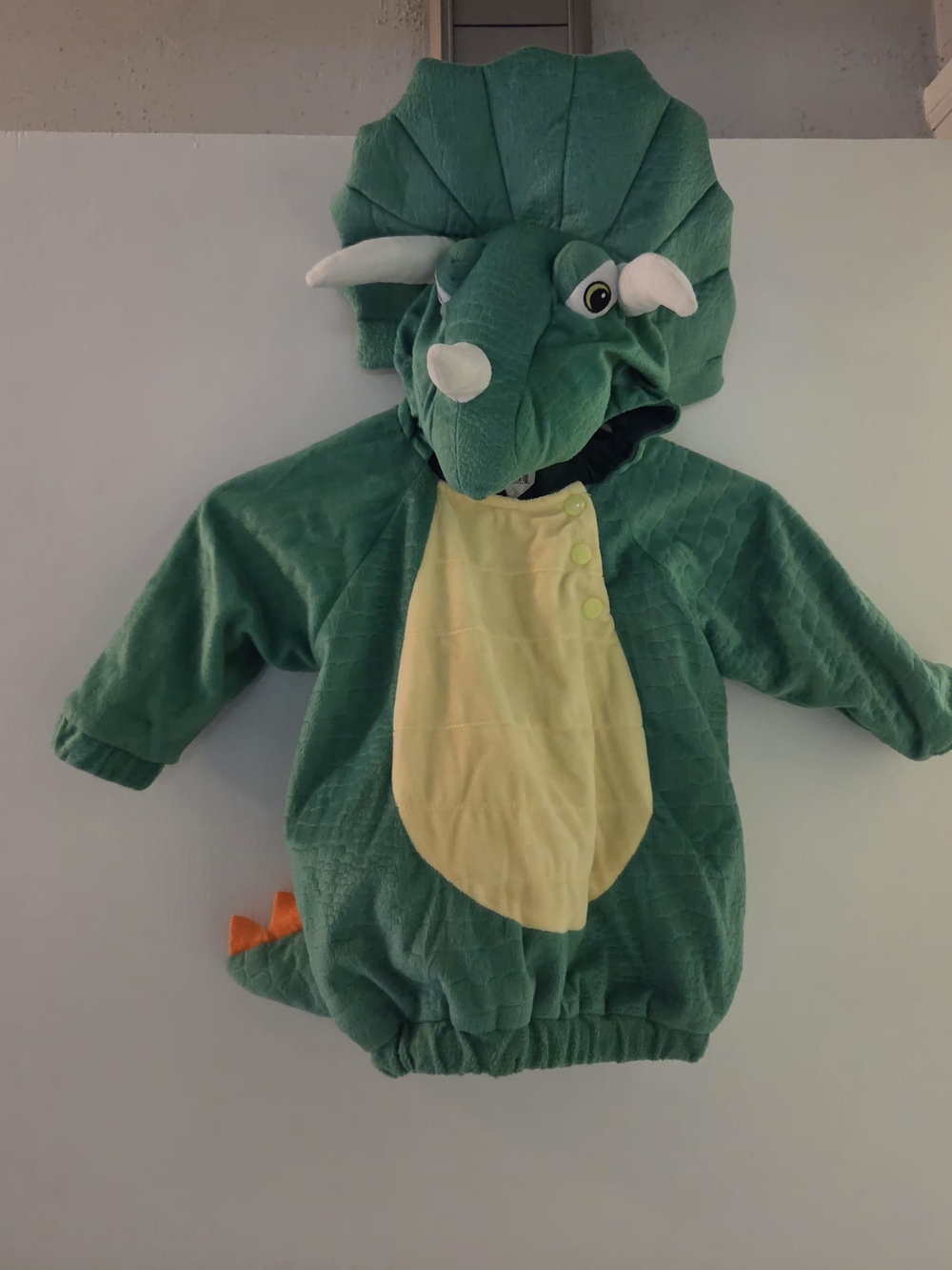 Green Triceratops Kids Costume with Yellow Belly